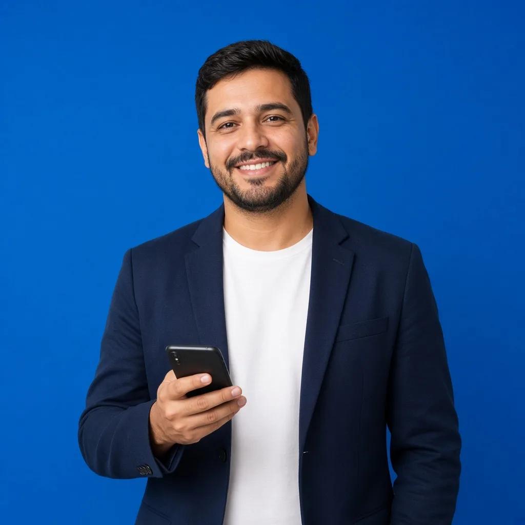 Profissional sorrindo segurando o celular