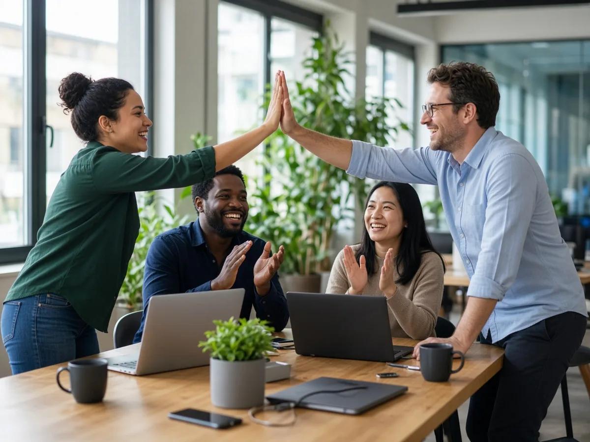 Equipe comemorando o lançamento de um projeto no escritório